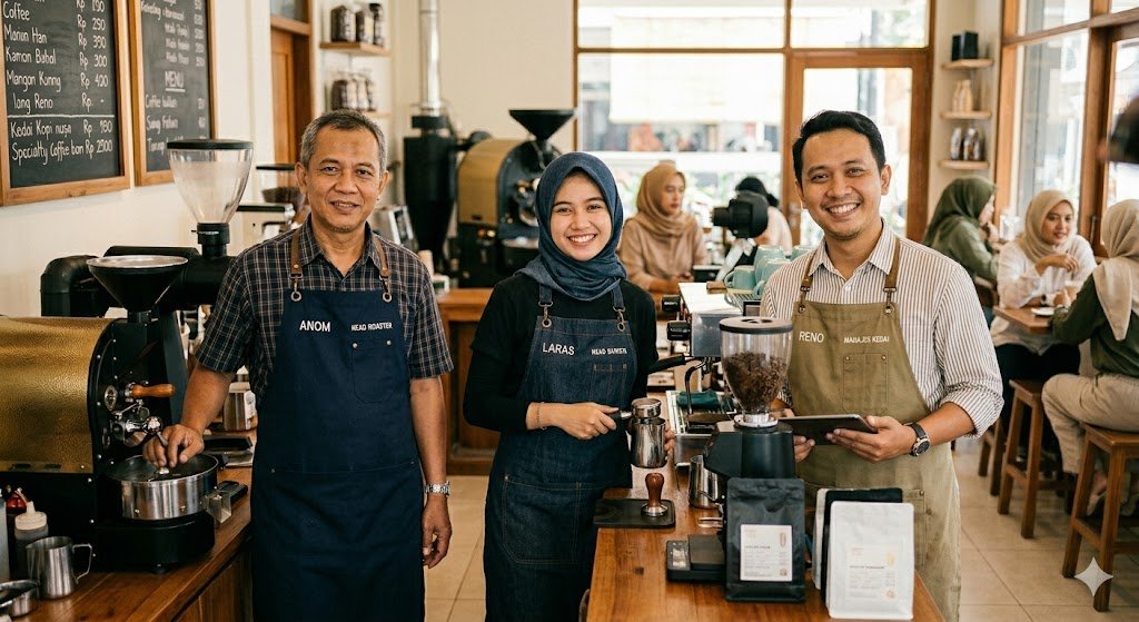 Tim Kopi Nusantara — Anom, Laras, dan Reno di kedai
