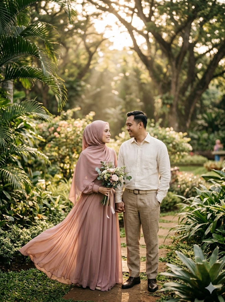 Foto prewedding di taman saat golden hour