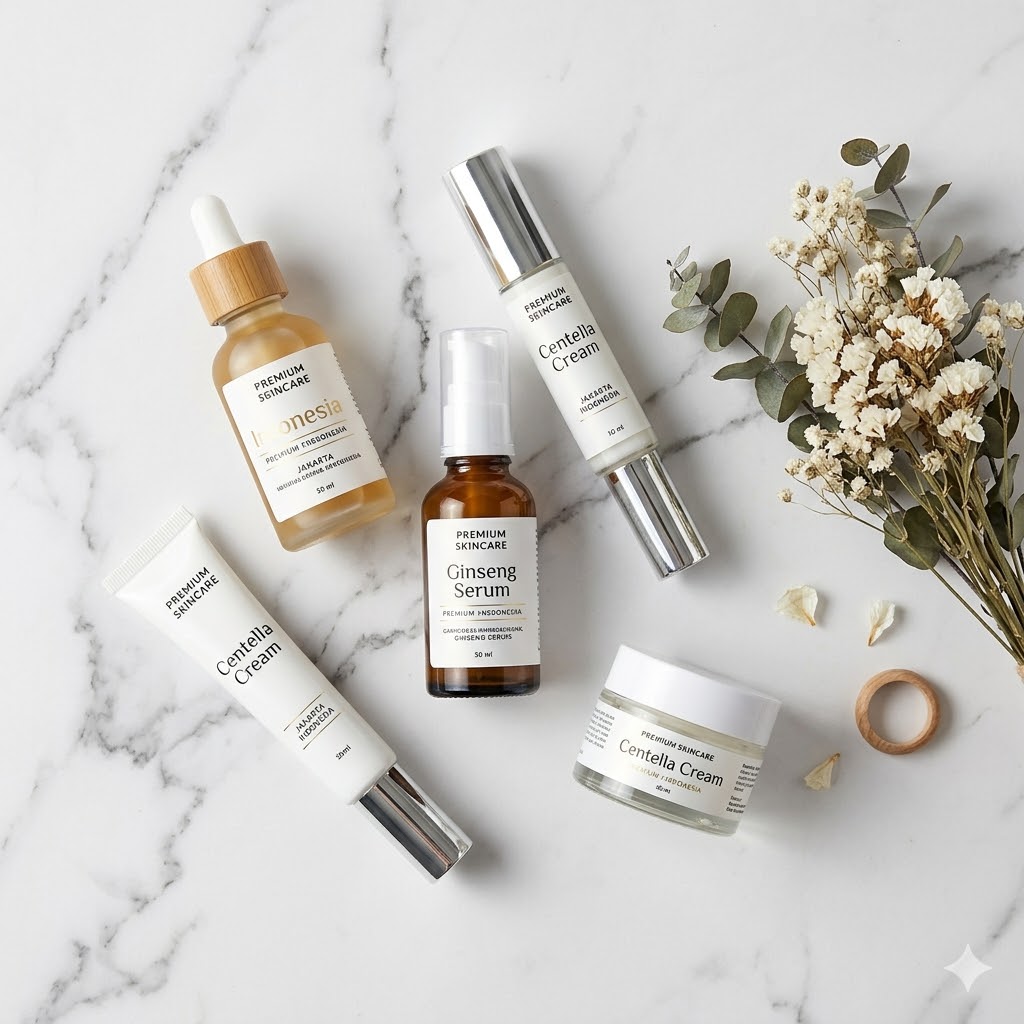 Foto produk skincare di atas marmer