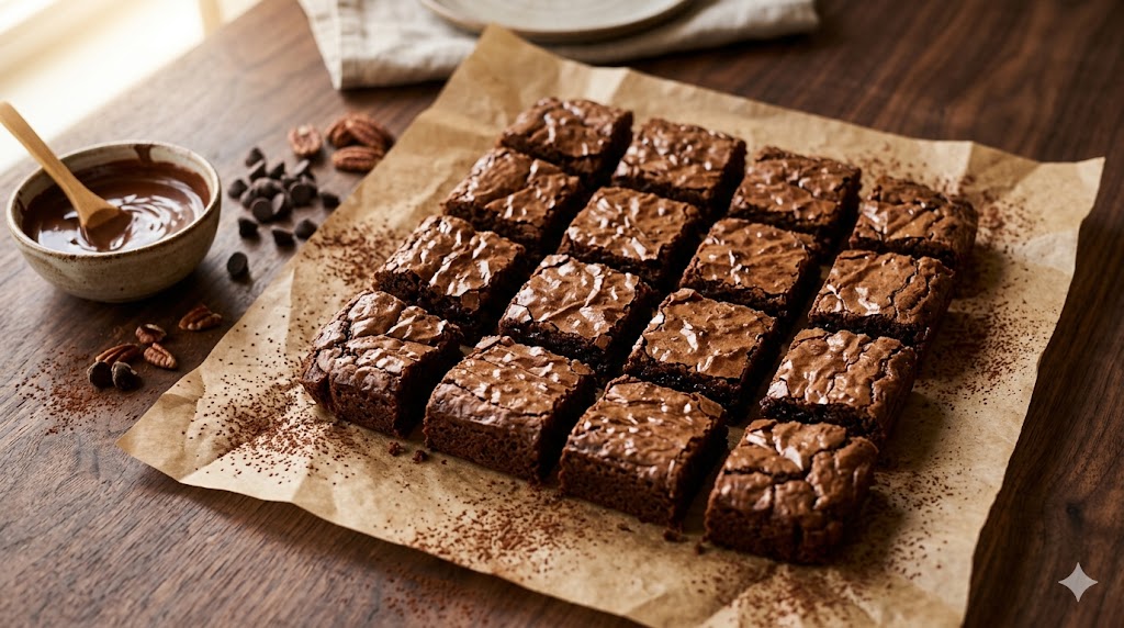 Brownies fudgy potong dadu di atas kertas roti — Manis Bakery