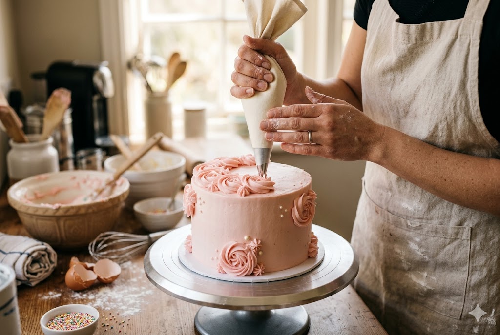 Tangan menghias kue dengan buttercream merah muda di dapur Manis Bakery