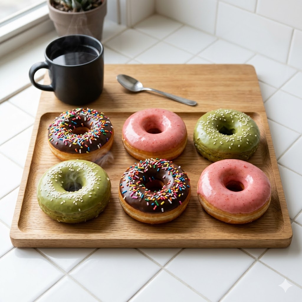 Donat dengan glaze cokelat, stroberi, dan matcha