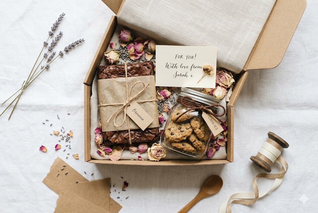 Hampers berisi brownies dan cookies dalam kotak kraft