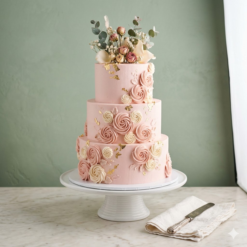 Kue bertingkat dengan hiasan bunga — Manis Bakery