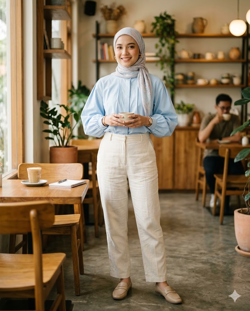 Kemeja linen biru muda dipadu celana krem