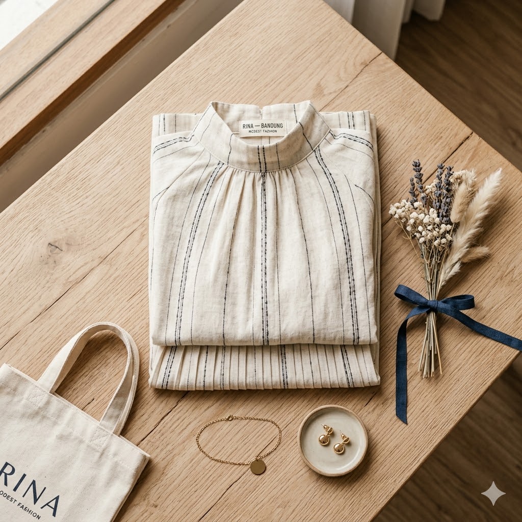 Tampilan flat lay busana RINA bergaris dengan aksesori