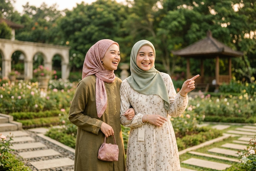 Dua muslimah di taman mawar