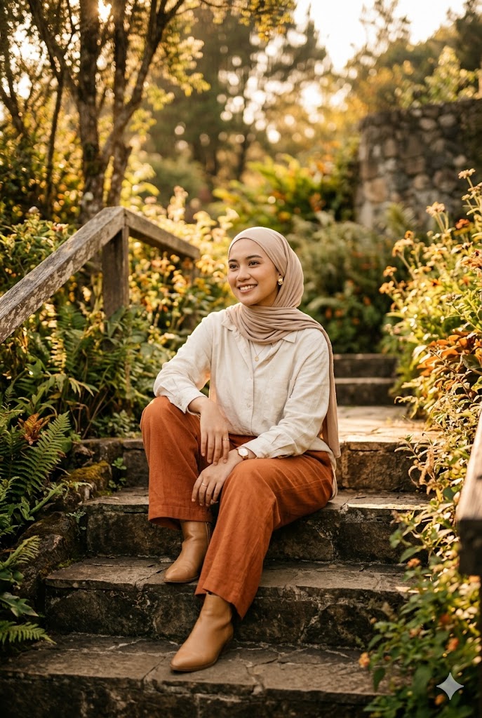Set santai kemeja krem dan kulot warna terakota