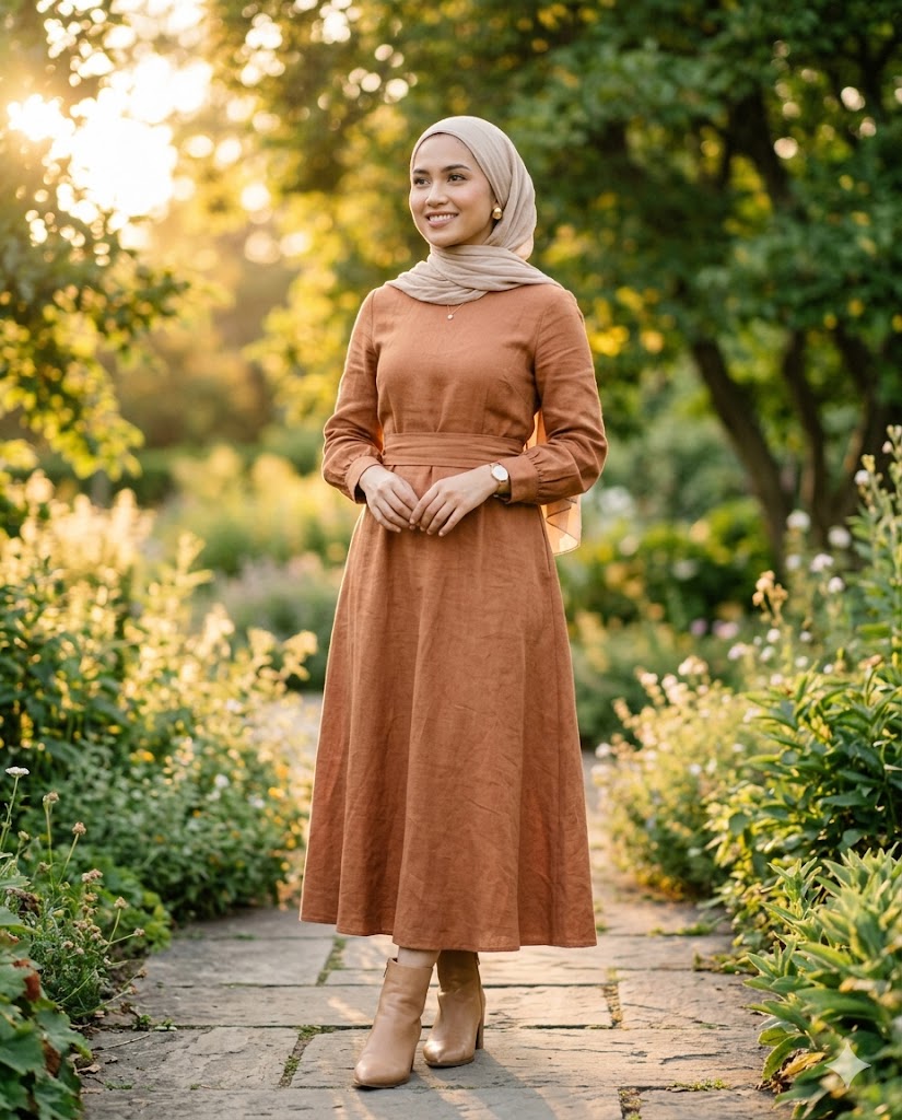Model mengenakan wrap dress linen warna clay di taman saat senja