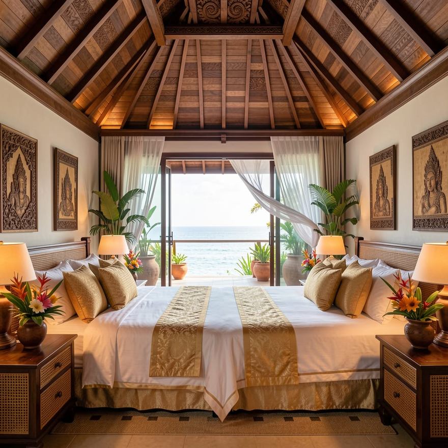 Master Suite dengan langit-langit kayu ukir dan pemandangan laut