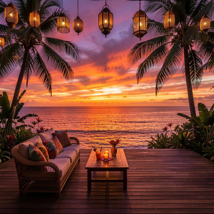 Sunset lounge dengan sofa rotan dan lentera