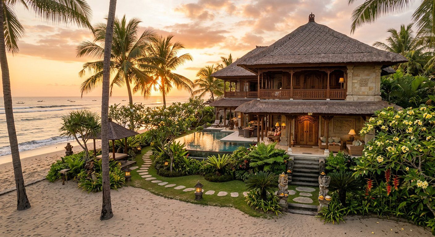 Vila tepi pantai Villa Samudra saat senja, Seminyak Bali
